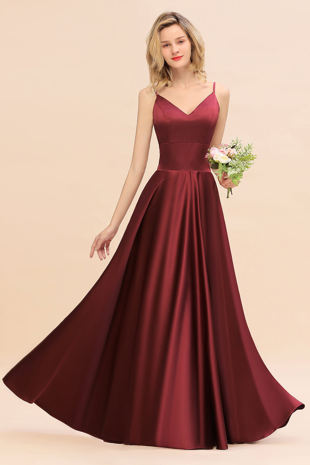 Chic Spaghetti-Straps Burgundy Satin Long Bridesmaid Dress Online-Babyonlines