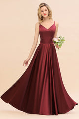 Chic Spaghetti-Straps Burgundy Satin Long Bridesmaid Dress Online-Babyonlines
