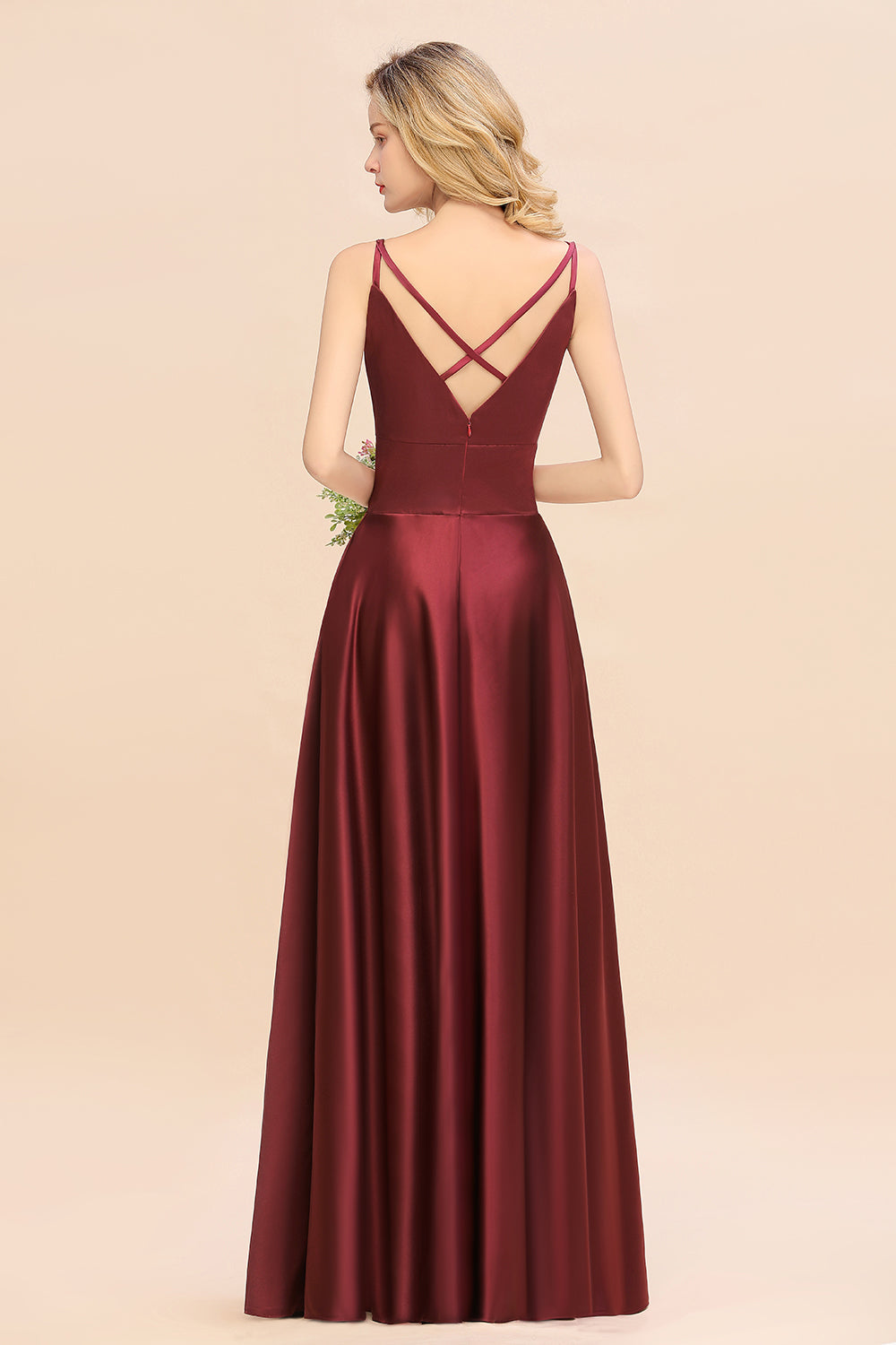 Chic Spaghetti-Straps Burgundy Satin Long Bridesmaid Dress Online-Babyonlines
