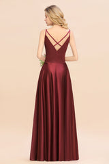 Chic Spaghetti-Straps Burgundy Satin Long Bridesmaid Dress Online-Babyonlines