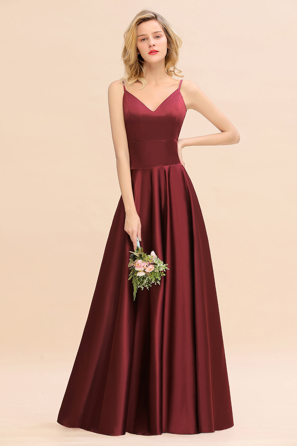 Chic Spaghetti-Straps Burgundy Satin Long Bridesmaid Dress Online-Babyonlines