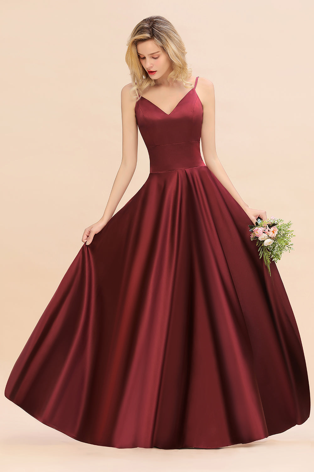 Chic Spaghetti-Straps Burgundy Satin Long Bridesmaid Dress Online-Babyonlines