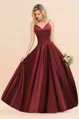 Chic Spaghetti-Straps Burgundy Satin Long Bridesmaid Dress Online-Babyonlines