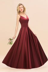 Chic Spaghetti-Straps Burgundy Satin Long Bridesmaid Dress Online-Babyonlines