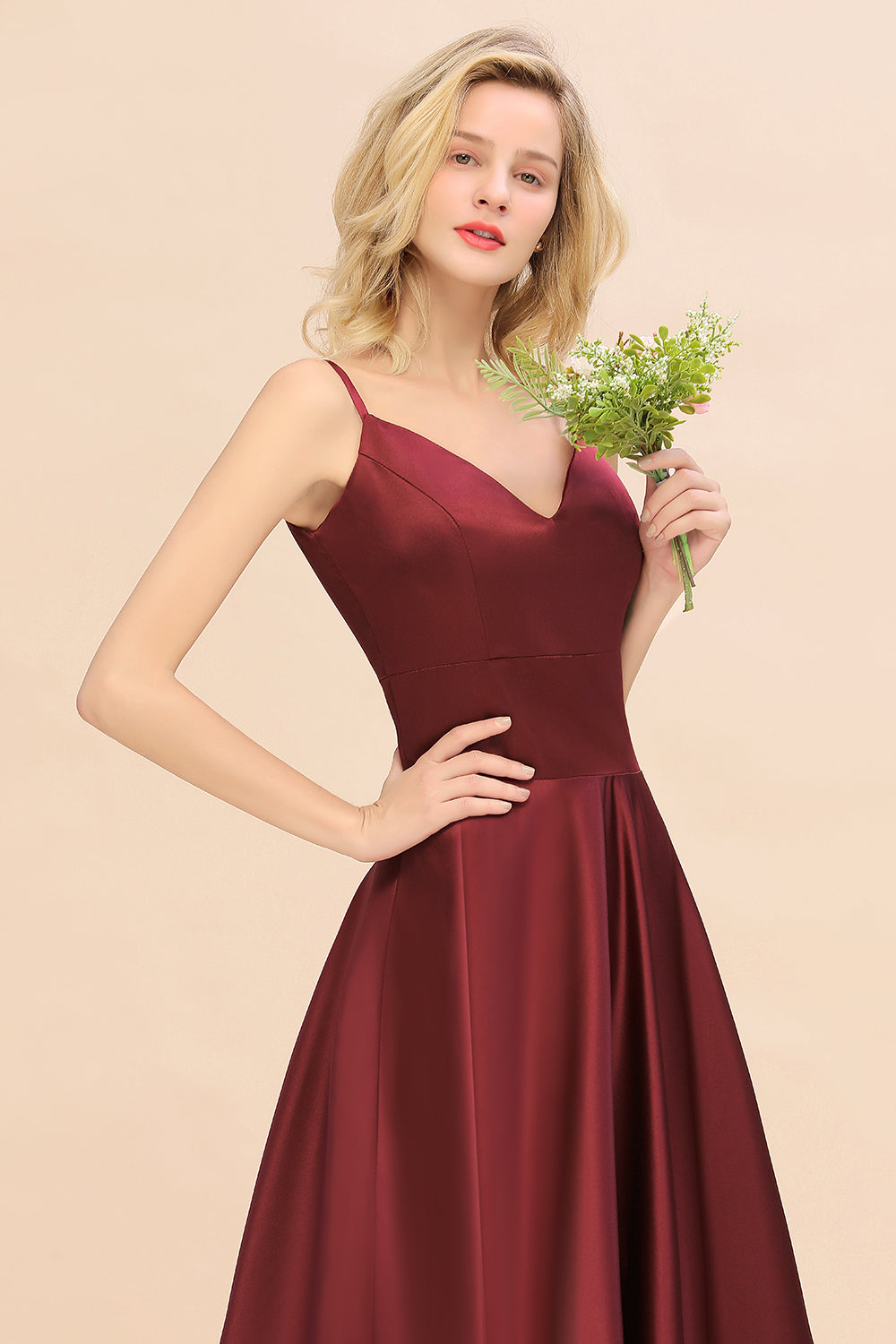 Chic Spaghetti-Straps Burgundy Satin Long Bridesmaid Dress Online-Babyonlines