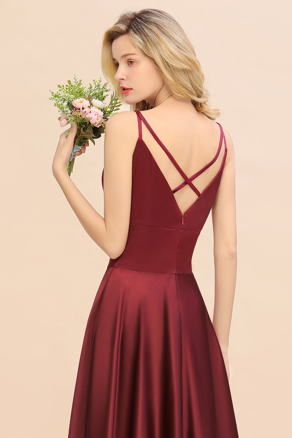 Chic Spaghetti-Straps Burgundy Satin Long Bridesmaid Dress Online-Babyonlines