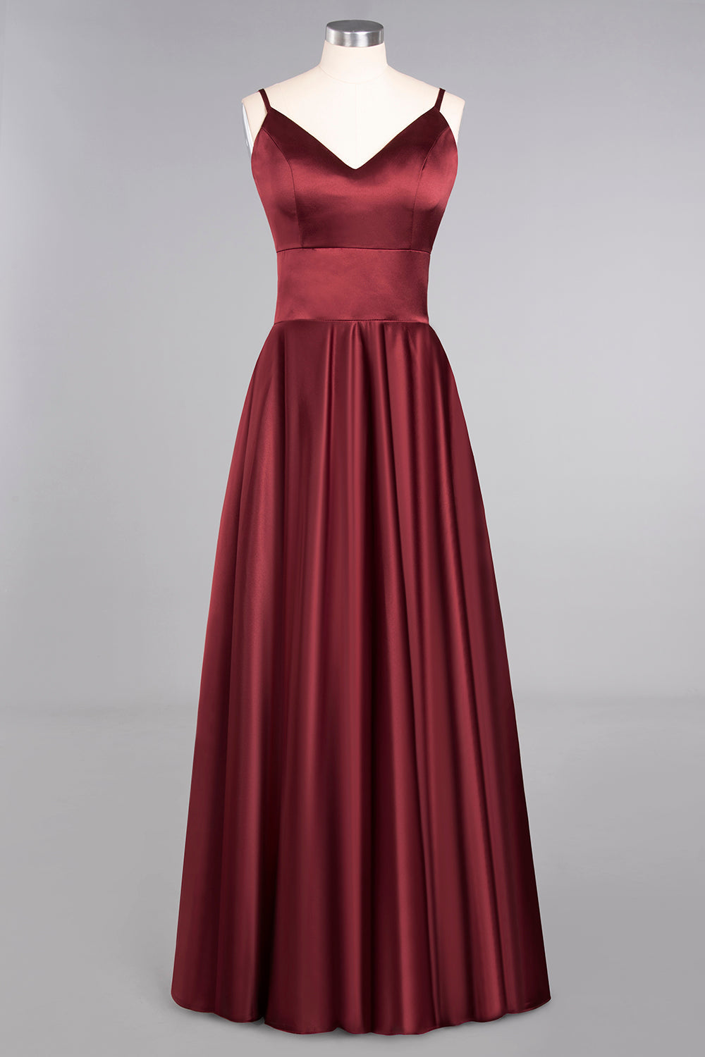 Chic Spaghetti-Straps Burgundy Satin Long Bridesmaid Dress Online-Babyonlines