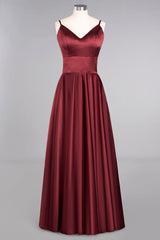 Chic Spaghetti-Straps Burgundy Satin Long Bridesmaid Dress Online-Babyonlines