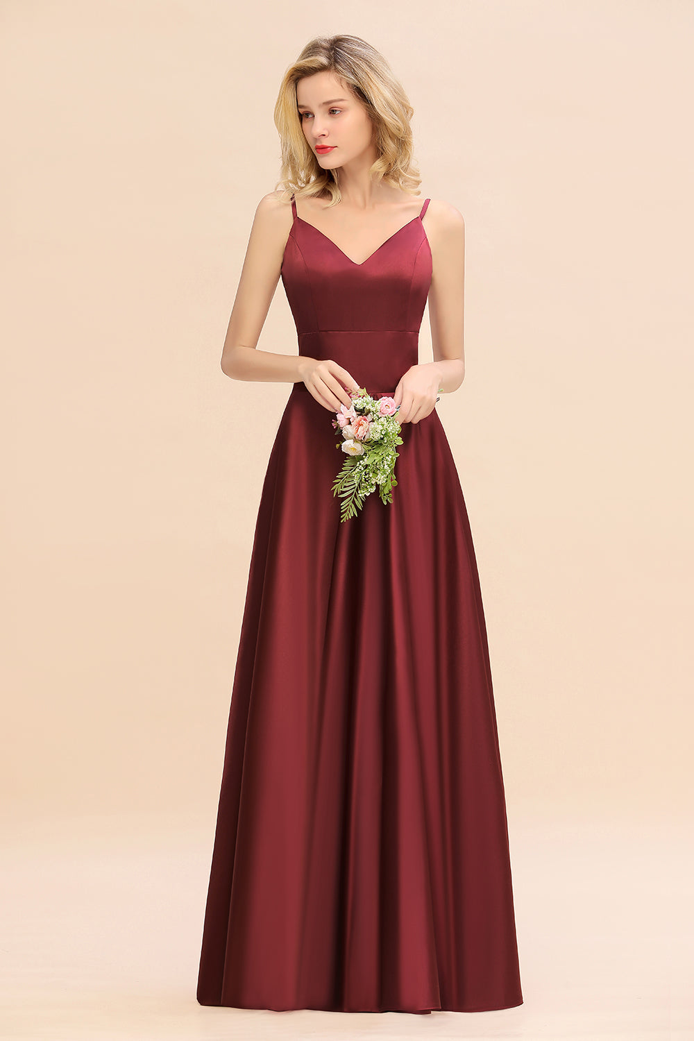 Chic Spaghetti-Straps Burgundy Satin Long Bridesmaid Dress Online-Babyonlines