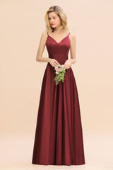 Chic Spaghetti-Straps Burgundy Satin Long Bridesmaid Dress Online-Babyonlines