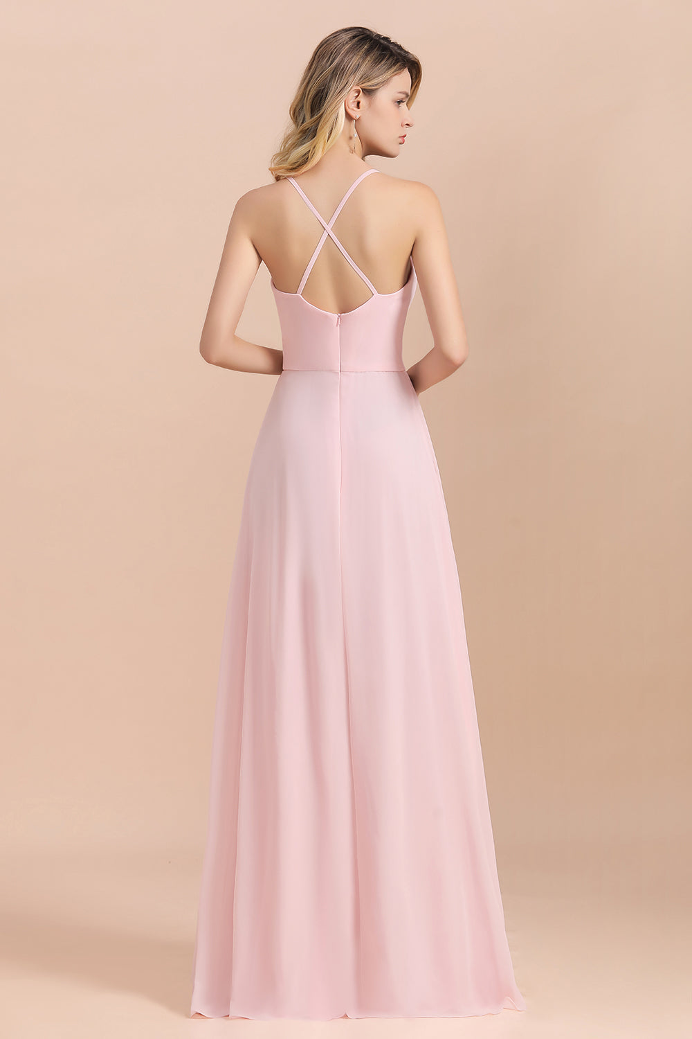 Chic Spaghetti Straps Chiffon Pink Bridesmaid Dresses with Crisscross Back-Babyonlines