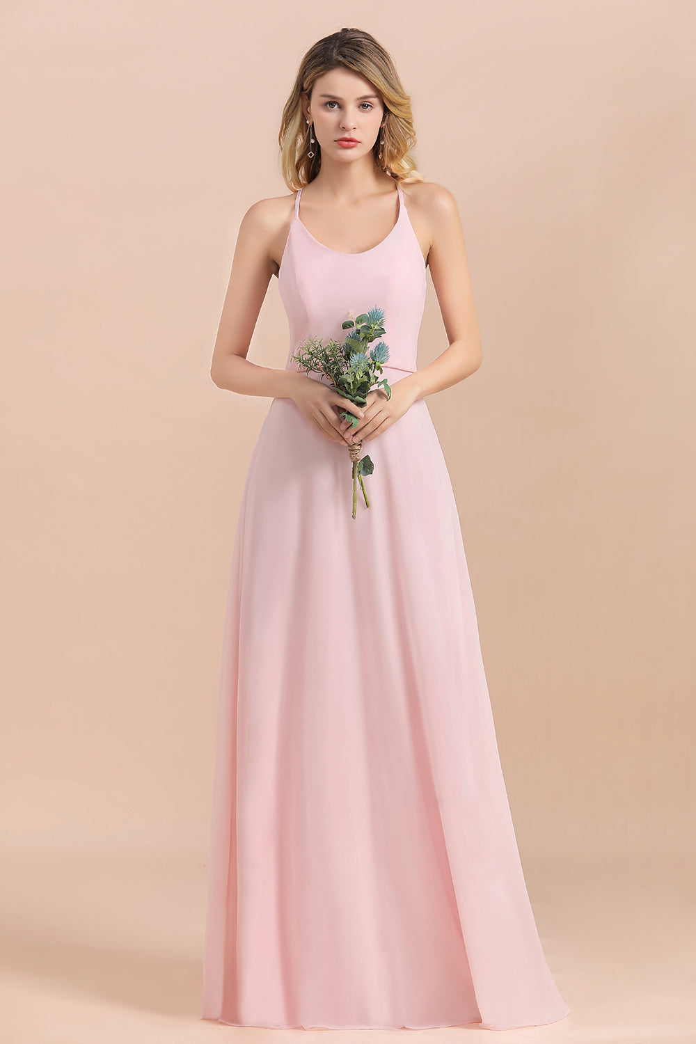 Chic Spaghetti Straps Chiffon Pink Bridesmaid Dresses with Crisscross Back-Babyonlines
