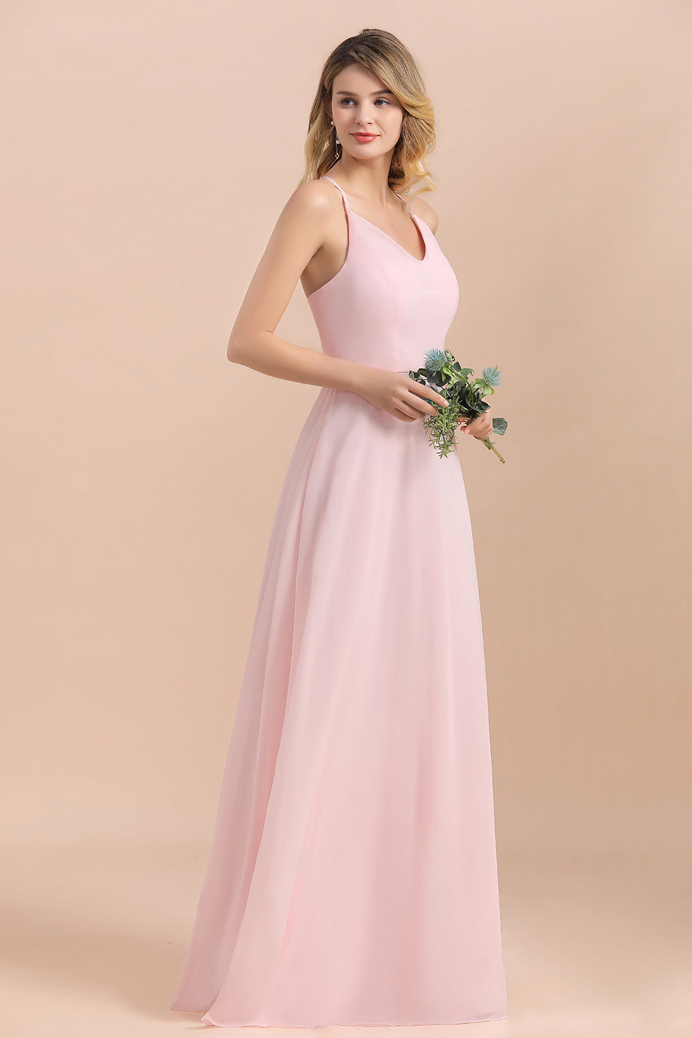 Chic Spaghetti Straps Chiffon Pink Bridesmaid Dresses with Crisscross Back-Babyonlines