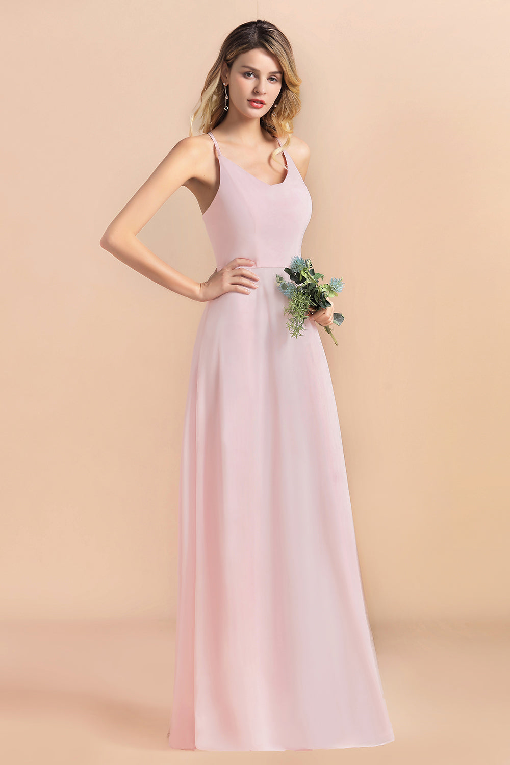Chic Spaghetti Straps Chiffon Pink Bridesmaid Dresses with Crisscross Back-Babyonlines