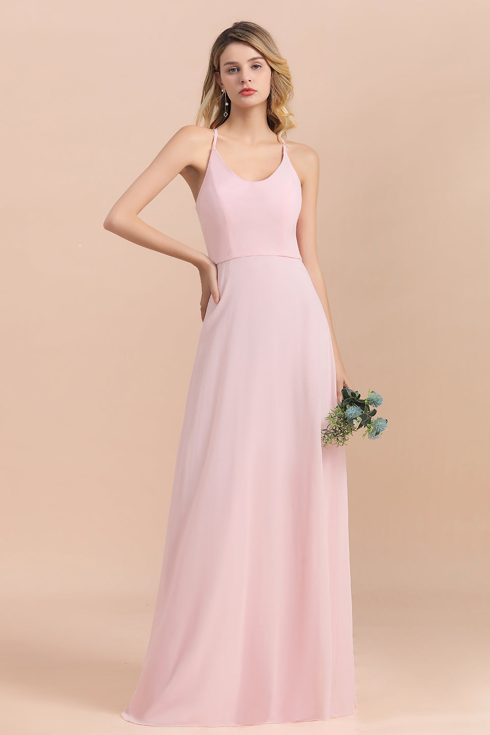 Chic Spaghetti Straps Chiffon Pink Bridesmaid Dresses with Crisscross Back-Babyonlines