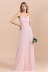 Chic Spaghetti Straps Chiffon Pink Bridesmaid Dresses with Crisscross Back-Babyonlines
