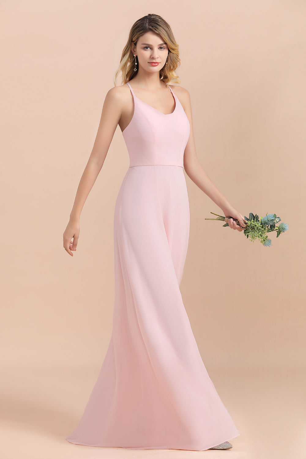 Chic Spaghetti Straps Chiffon Pink Bridesmaid Dresses with Crisscross Back-Babyonlines