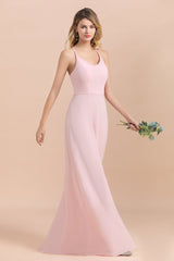 Chic Spaghetti Straps Chiffon Pink Bridesmaid Dresses with Crisscross Back-Babyonlines