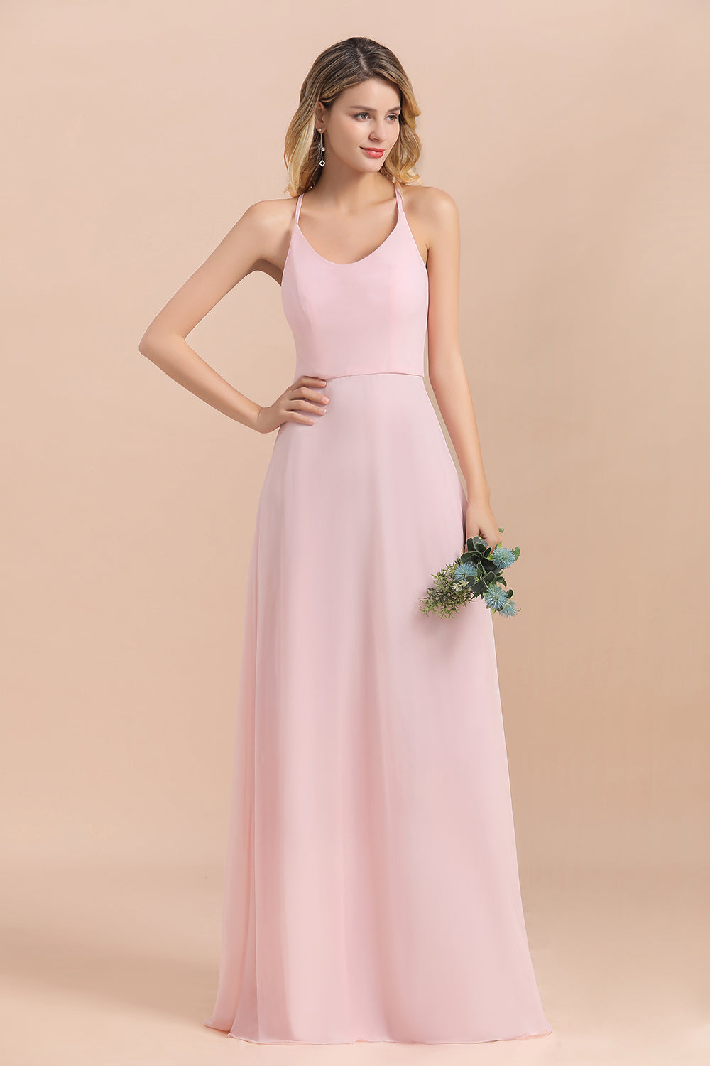 Chic Spaghetti Straps Chiffon Pink Bridesmaid Dresses with Crisscross Back-Babyonlines
