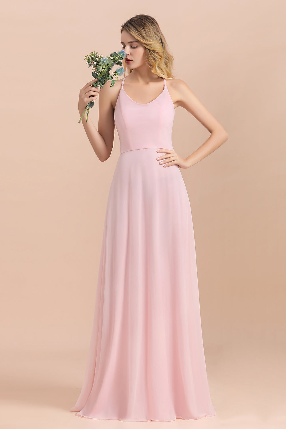 Chic Spaghetti Straps Chiffon Pink Bridesmaid Dresses with Crisscross Back-Babyonlines