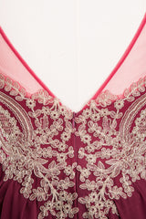 Chic Spaghetti Straps Long Burgundy Backless Bridesmaid Dress with Appliques-Babyonlines