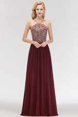 Chic Spaghetti Straps Long Burgundy Backless Bridesmaid Dress with Appliques-Babyonlines