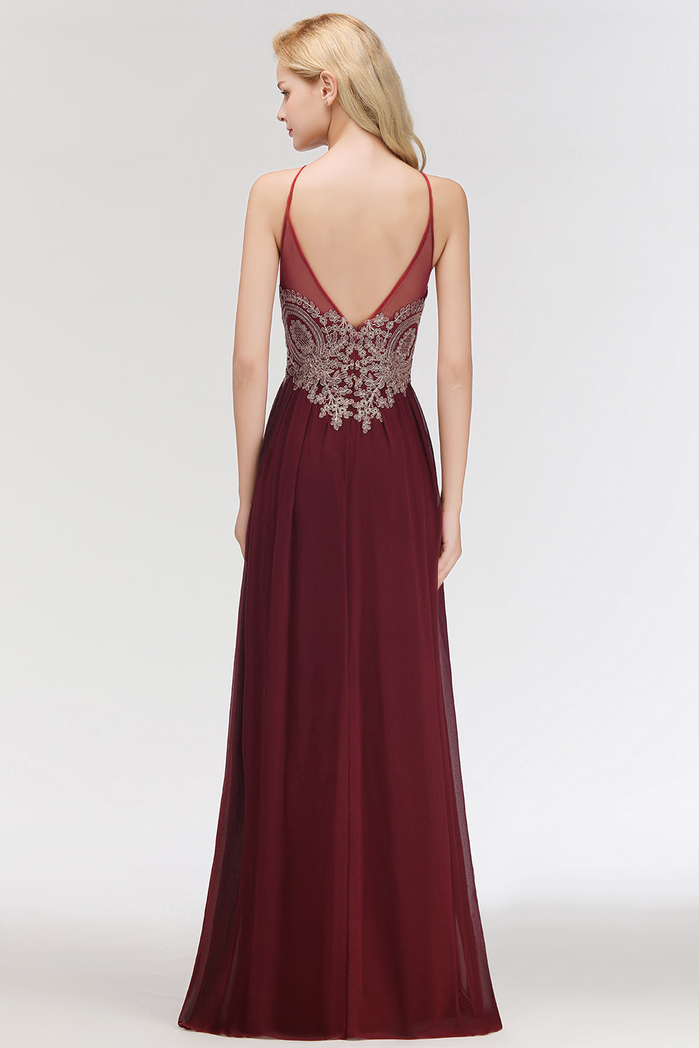 Chic Spaghetti Straps Long Burgundy Backless Bridesmaid Dress with Appliques-Babyonlines
