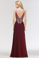 Chic Spaghetti Straps Long Burgundy Backless Bridesmaid Dress with Appliques-Babyonlines