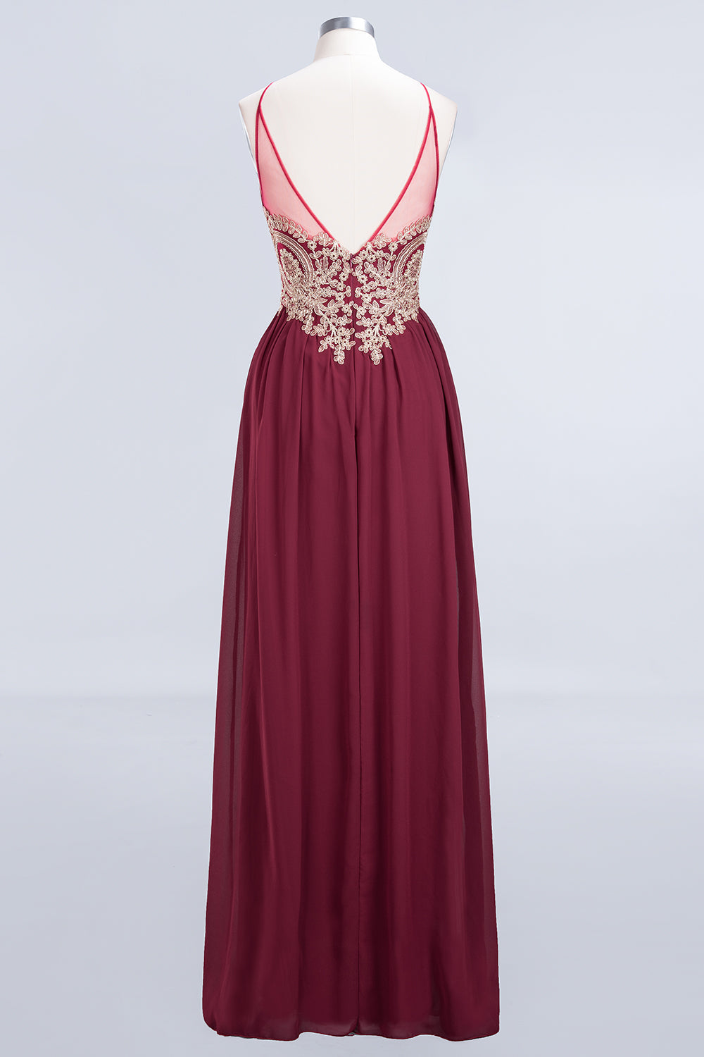 Chic Spaghetti Straps Long Burgundy Backless Bridesmaid Dress with Appliques-Babyonlines
