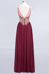 Chic Spaghetti Straps Long Burgundy Backless Bridesmaid Dress with Appliques-Babyonlines