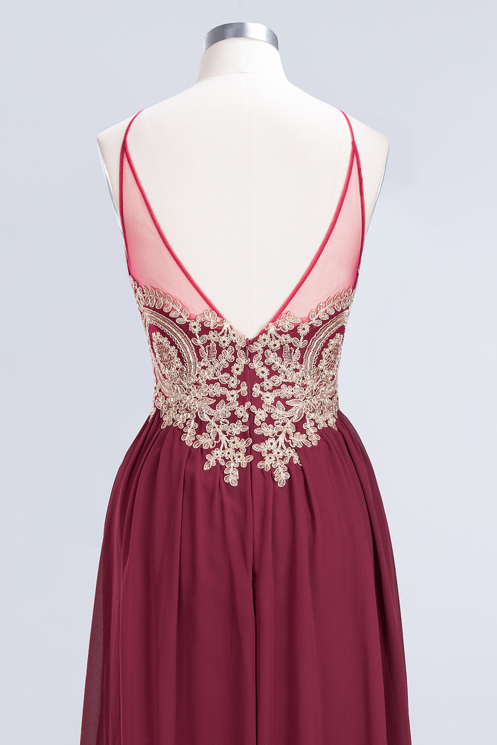 Chic Spaghetti Straps Long Burgundy Backless Bridesmaid Dress with Appliques-Babyonlines