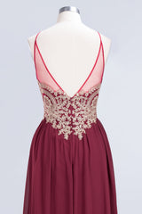 Chic Spaghetti Straps Long Burgundy Backless Bridesmaid Dress with Appliques-Babyonlines