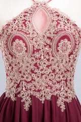 Chic Spaghetti Straps Long Burgundy Backless Bridesmaid Dress with Appliques-Babyonlines