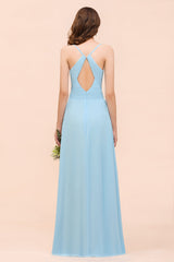 Chic Spaghetti Straps Ruffle Sky Blue Chiffon Bridesmaid Dress Online-Babyonlines