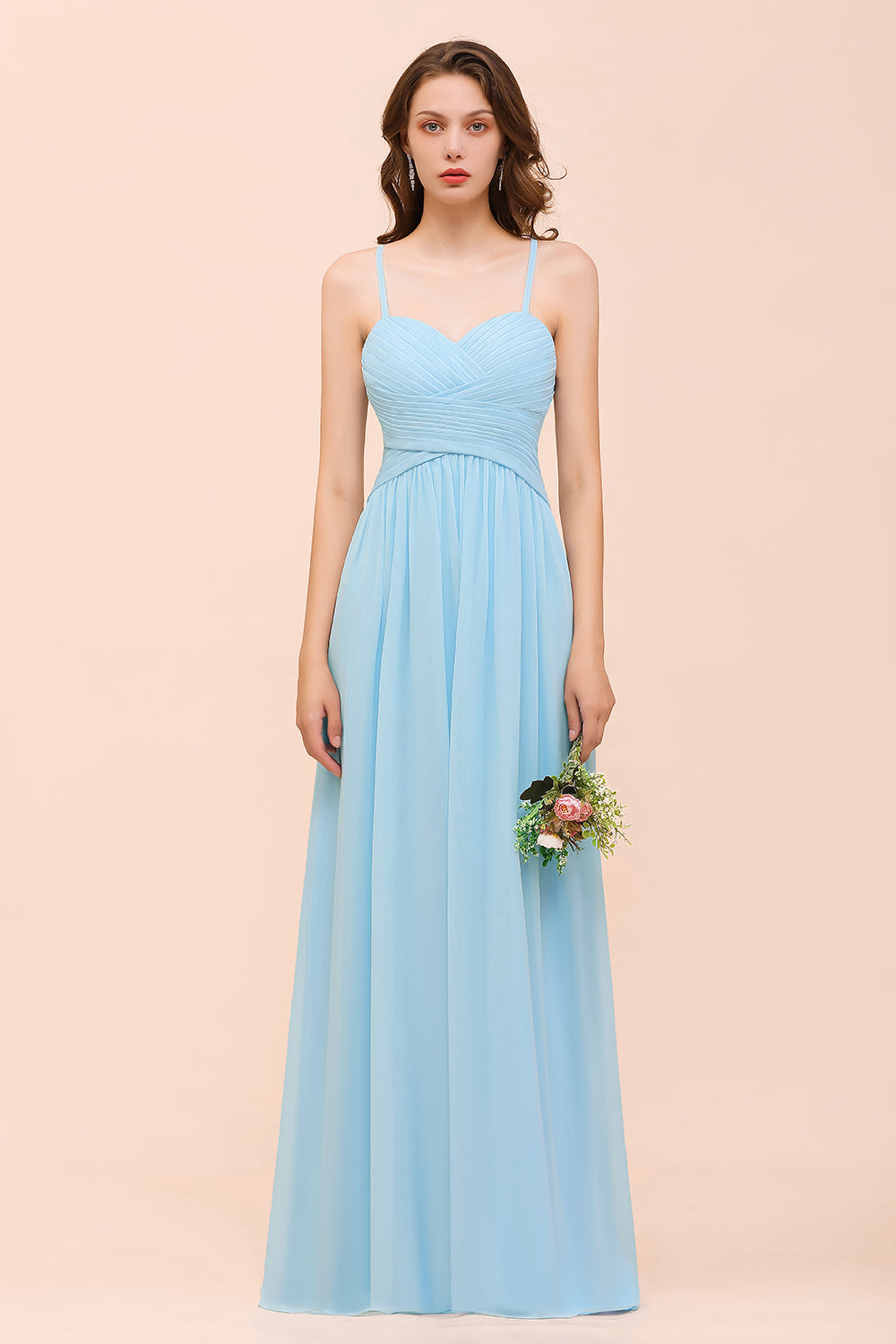 Chic Spaghetti Straps Ruffle Sky Blue Chiffon Bridesmaid Dress Online-Babyonlines