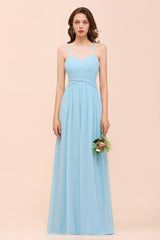 Chic Spaghetti Straps Ruffle Sky Blue Chiffon Bridesmaid Dress Online-Babyonlines