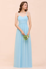 Chic Spaghetti Straps Ruffle Sky Blue Chiffon Bridesmaid Dress Online-Babyonlines