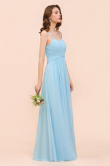 Chic Spaghetti Straps Ruffle Sky Blue Chiffon Bridesmaid Dress Online-Babyonlines