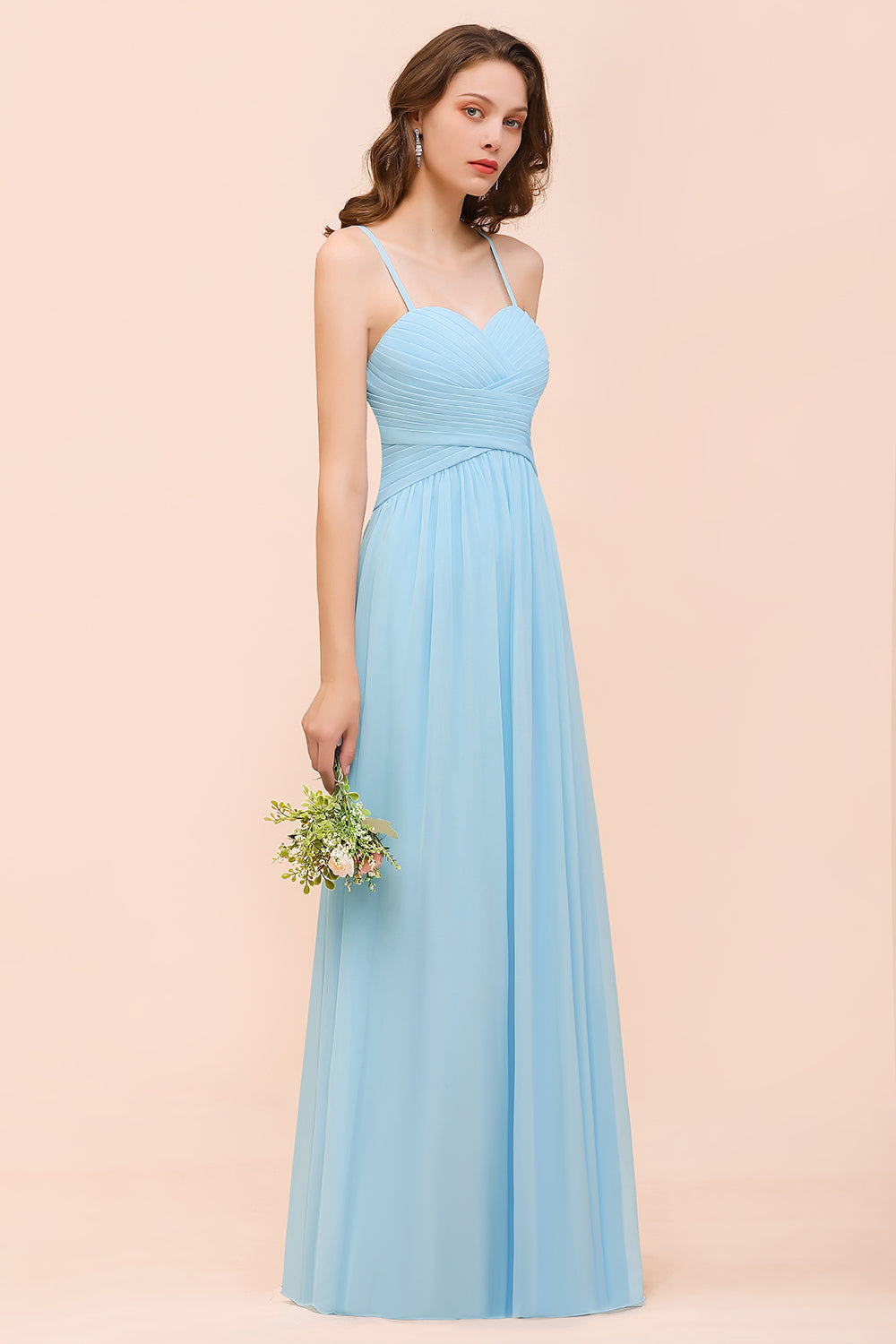 Chic Spaghetti Straps Ruffle Sky Blue Chiffon Bridesmaid Dress Online-Babyonlines