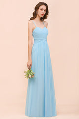 Chic Spaghetti Straps Ruffle Sky Blue Chiffon Bridesmaid Dress Online-Babyonlines