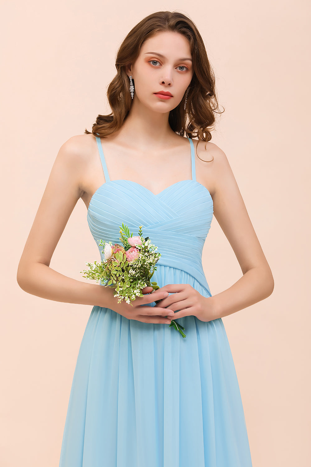 Chic Spaghetti Straps Ruffle Sky Blue Chiffon Bridesmaid Dress Online-Babyonlines