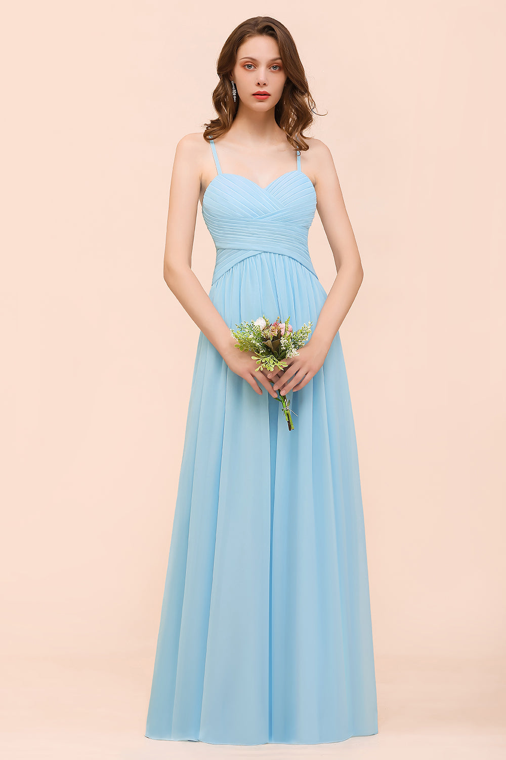 Chic Spaghetti Straps Ruffle Sky Blue Chiffon Bridesmaid Dress Online-Babyonlines