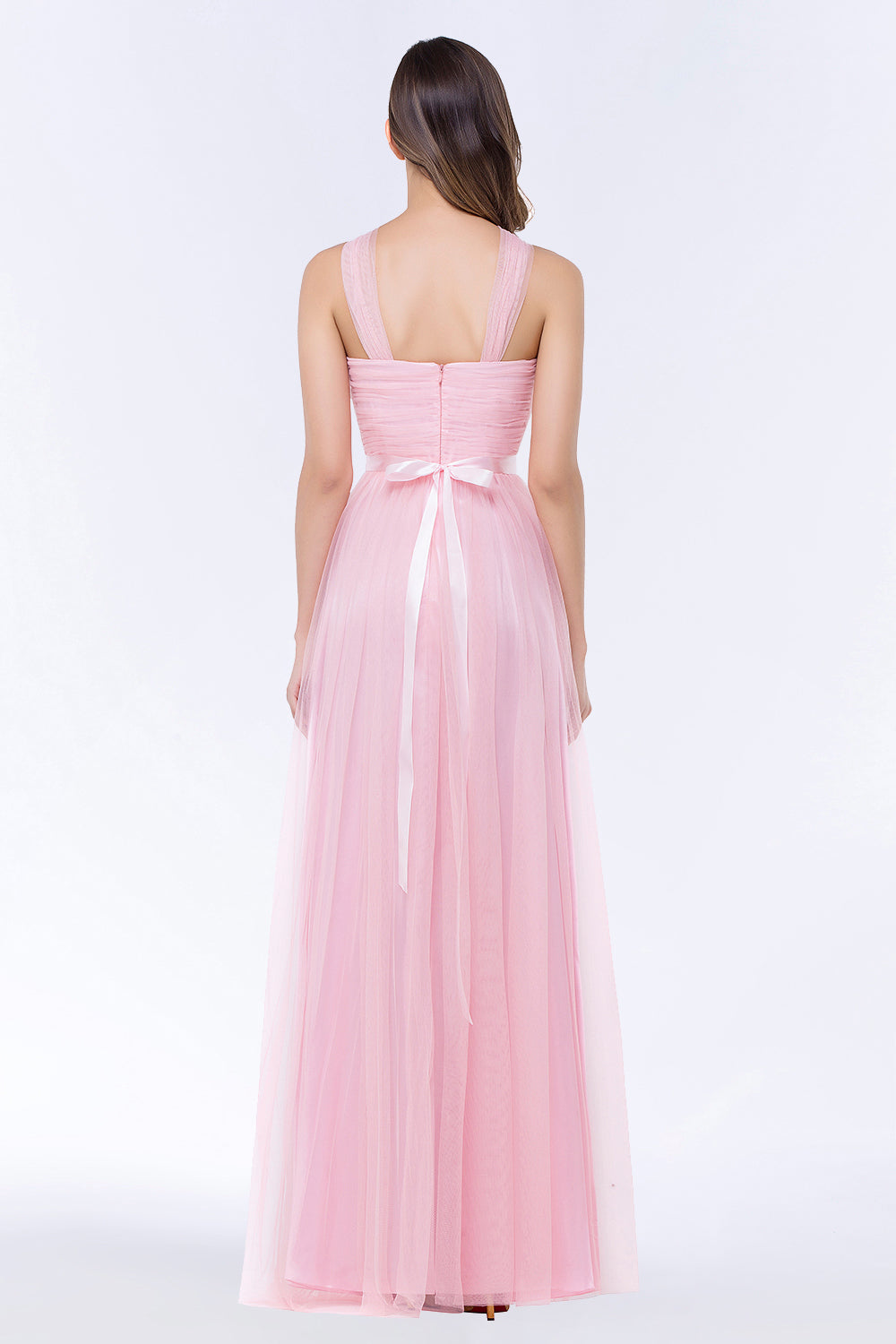 Chic Tulle Ruffle Halter Sleeveless Pearls Bridesmaid Dress with Sash-Babyonlines