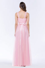Chic Tulle Ruffle Halter Sleeveless Pearls Bridesmaid Dress with Sash-Babyonlines