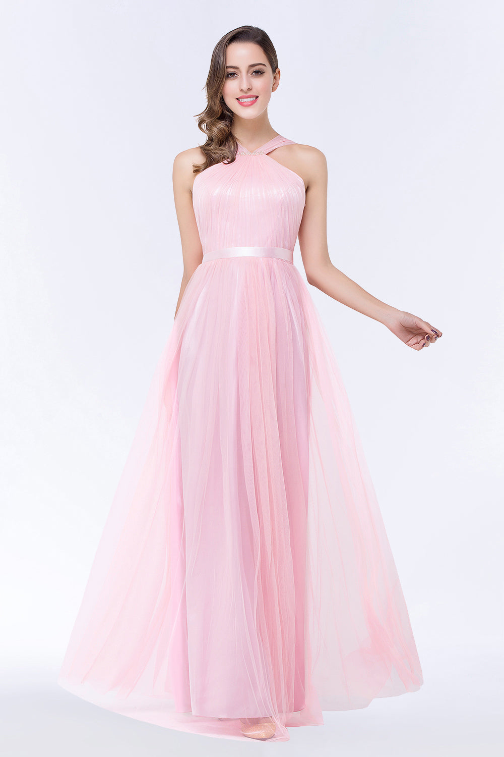 Chic Tulle Ruffle Halter Sleeveless Pearls Bridesmaid Dress with Sash-Babyonlines