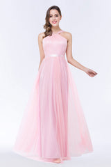 Chic Tulle Ruffle Halter Sleeveless Pearls Bridesmaid Dress with Sash-Babyonlines
