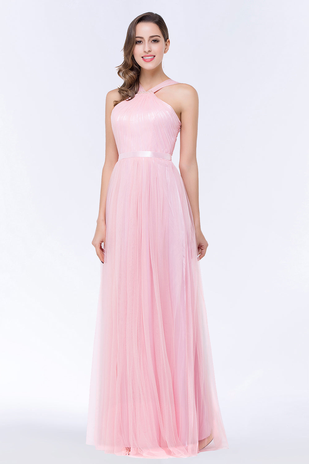 Chic Tulle Ruffle Halter Sleeveless Pearls Bridesmaid Dress with Sash-Babyonlines