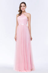 Chic Tulle Ruffle Halter Sleeveless Pearls Bridesmaid Dress with Sash-Babyonlines