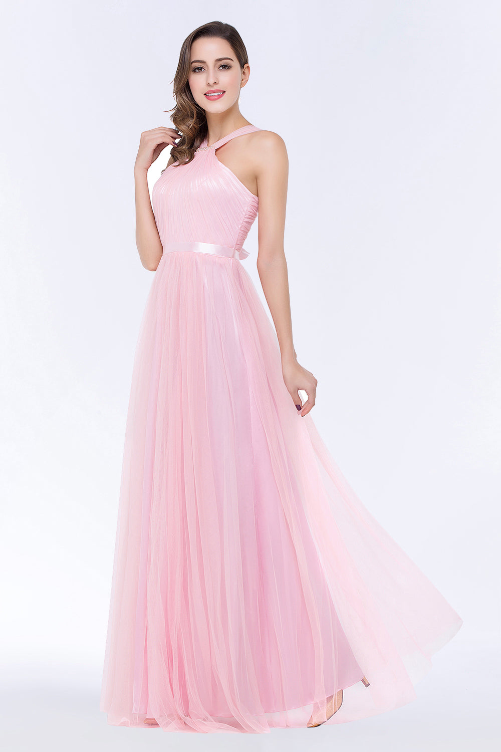 Chic Tulle Ruffle Halter Sleeveless Pearls Bridesmaid Dress with Sash-Babyonlines