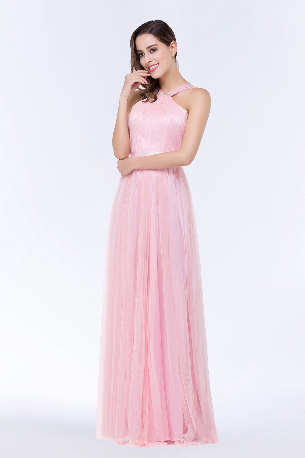 Chic Tulle Ruffle Halter Sleeveless Pearls Bridesmaid Dress with Sash-Babyonlines